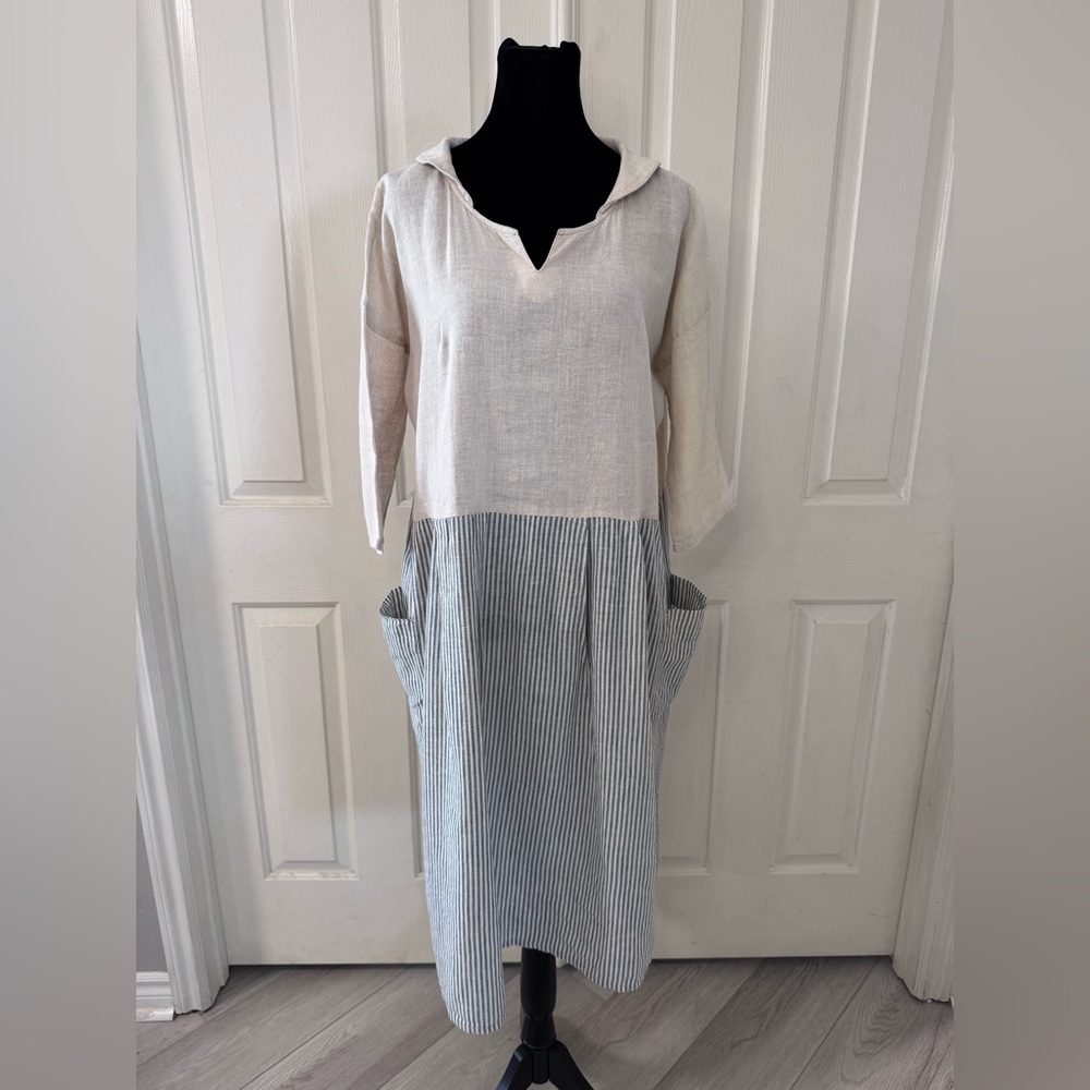 Samansa Mos2 SM2 Dress Hemp Cotton Sz M Tan Blue Stripe Slouch Pockets Lagenlook
